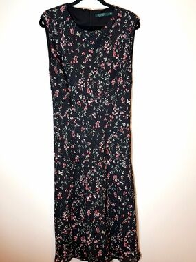Lauren Ralph Lauren Black Floral Cap Sleeve Midi Dress Size 14